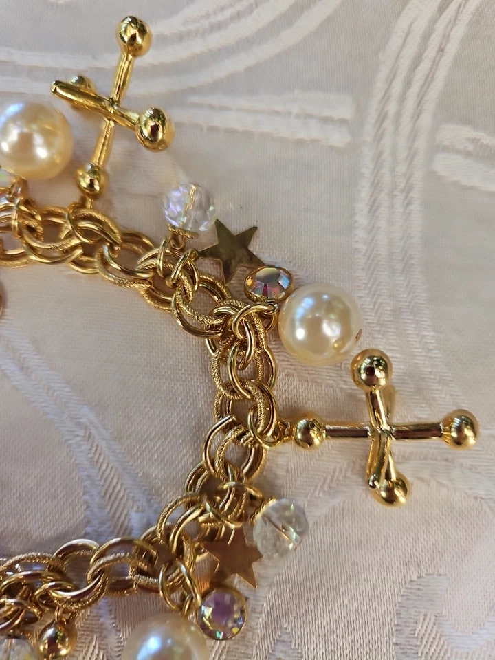 Kirks Folly "JACKS" Crystal Stars & Pearls Gold Tone JAX Vintage Charm Bracelet - Image 3 of 4