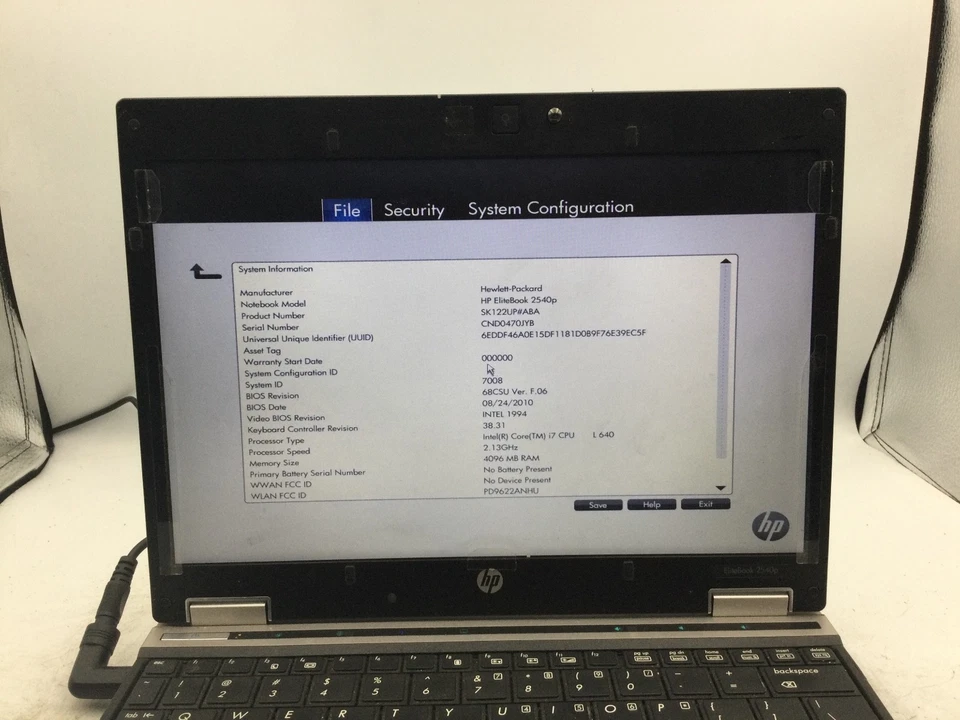 HP ELITEBOOK 2540P - 12" - INTEL i7 L640 - 4GB RAM - ARRANCA A LA BIOS - LEER - BB Foto 2 de 4