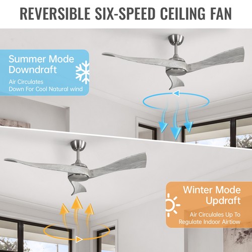 52in Nickel & 3 Solid Wood Gray Blades No Light Ceiling Fan with Remote 6 Speeds - Picture 4 of 13
