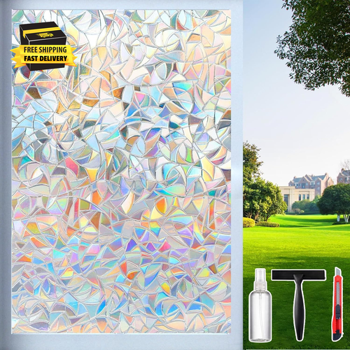 Rainbow Window Privacy Film with Cutting Reference Line, 3D Decals Stained Glass