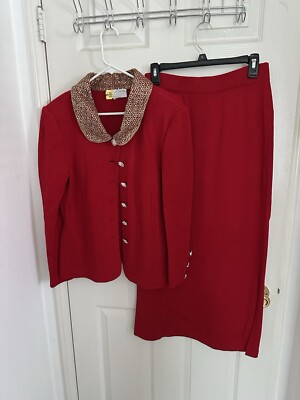 St. John Evening Red W/ Gold Embellishments 2pc Skirt & Jacket Set | eBay