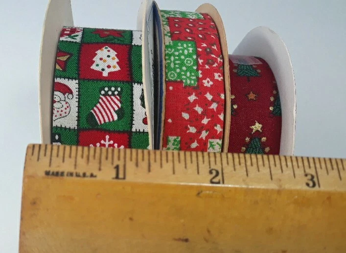 Lote De 3 Carretes De Cinta De Navidad De Colección Rojo Verde Caprichoso Retro .75-1.5 Pulgadas Foto 3 de 4