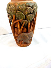 Hand Carved Wooden Vase Elephants Jungle Africa /Vintage 8  x 5  