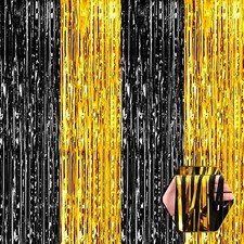 3 Pack Black Gold Foil Fringe Curtain Backdrop 3.28Ft x 8.2Ft Metallic Tinsel...