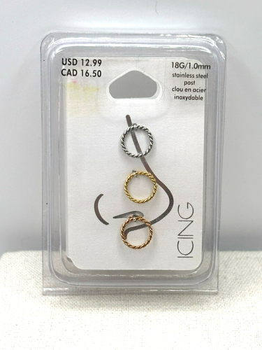 Icing 3 Count 18g Twisted Rope Silver Rose Gold Tone Hoop Clip On Nose Rings NWT - Picture 14 of 15