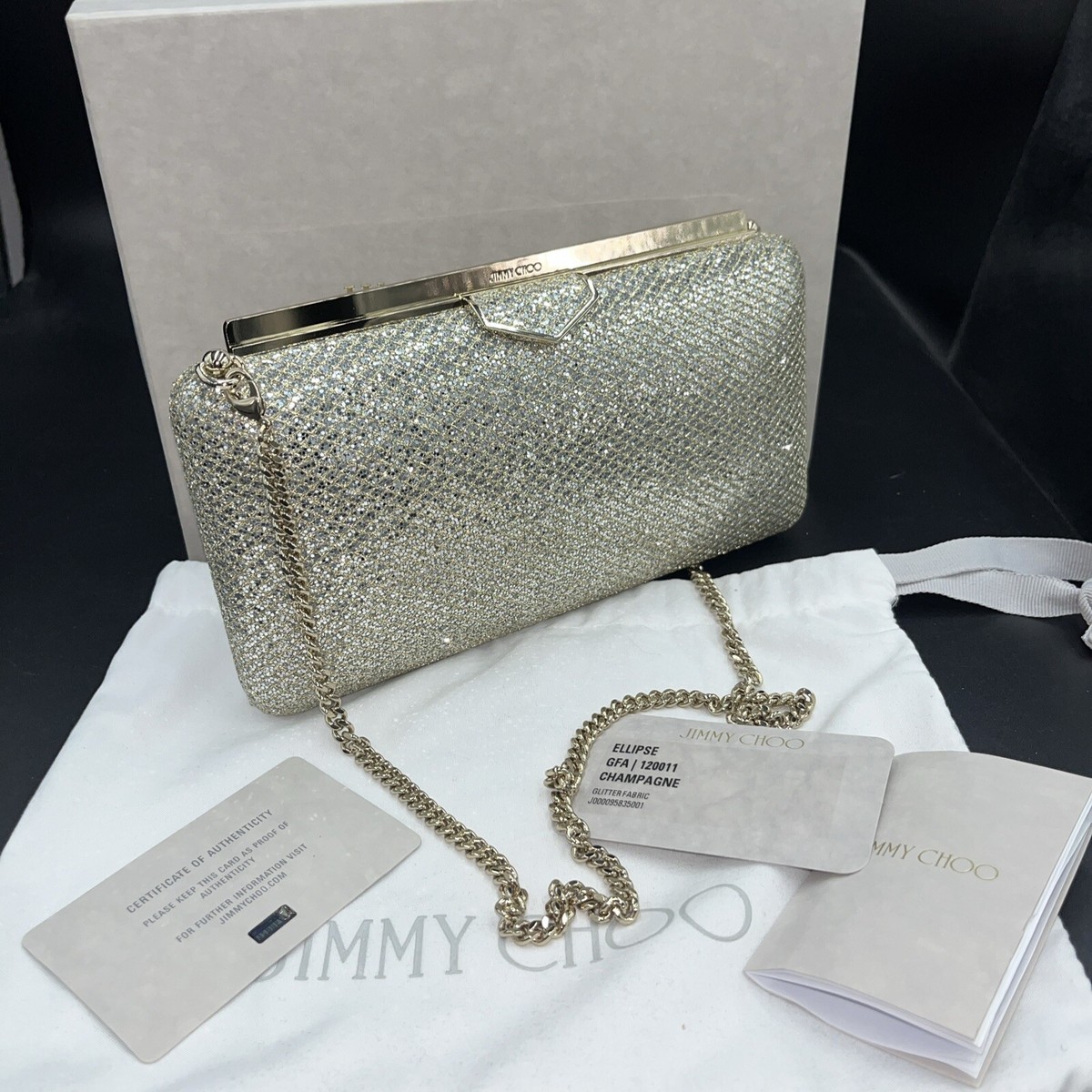 JIMMY CHOO Ellipse Champagne Silver Glitter Evening Shoulder Bag Clutch Rrp  £850