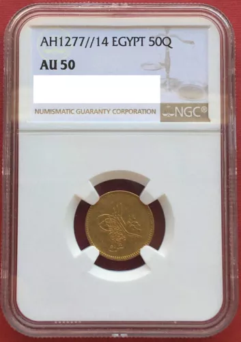 EGYPT - OTTOMAN , GOLD 50 QIRSH SULTAN ABDUL AZIZ 1277/14 AH NGC AU 50 ,RARE