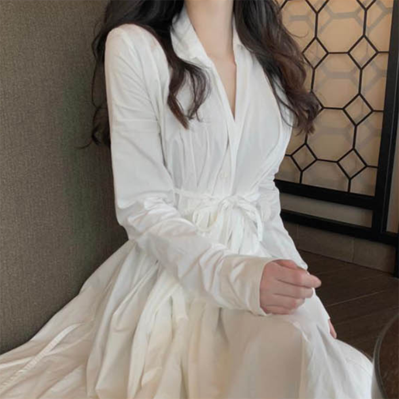 Women Asymmetrical Shirt Dresses Midi Long Sleeve V-neck Slim Belt White  Casual | eBay