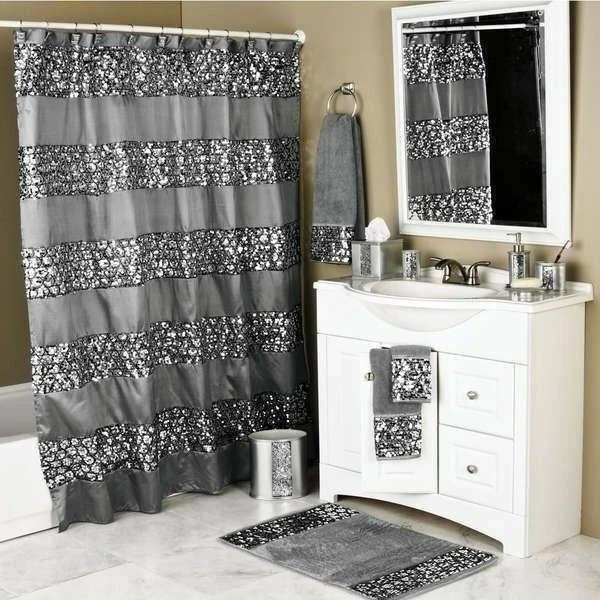 Silver Gray Grey Sequin Glam Shower Curtain Fabric Bathroom Hooks