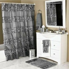 Silver Gray Grey Sequin Glam Shower Curtain Fabric Bathroom Hooks 72 in Elegant