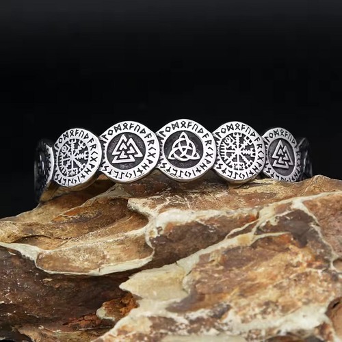 Viking Cuff Bracelet 316L Stainless Steel Triquetra Vegvisir Valknut Rune Bangle - Picture 2 of 8