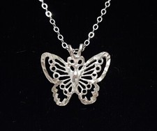 Sterling Etched Butterfly Pendant Necklace 925 Silver Diamond Cutwork 18" Chain