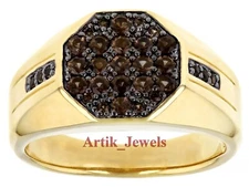 Natural Smoky Quartz Gemstone With 14K Gold Plated Silver Ring For Men's #975
