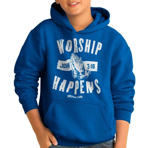 Christian Strong Faith Pray Worship Happens Youth Hooded Sweatshirt Boy or Girl - Picture 4 of 5