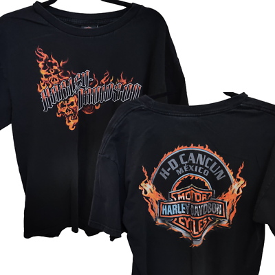 Harley Davidson 2012 T-Shirt size L Black Fire Skull Cancun Mexico 