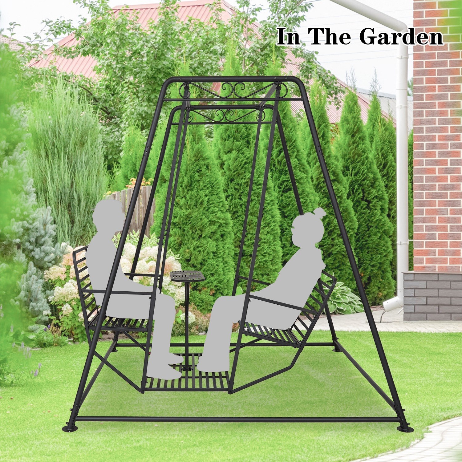 4-Seat Outdoor Patio Swing Chair with Stand Heavy Duty Metal Swing Table Bench