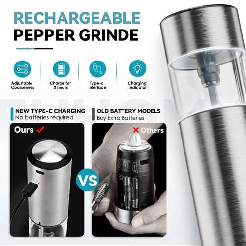 2 Pack Electric Salt and Pepper Grinder Set USB Rechargeable with LED Light a... - Picture 5 of 7