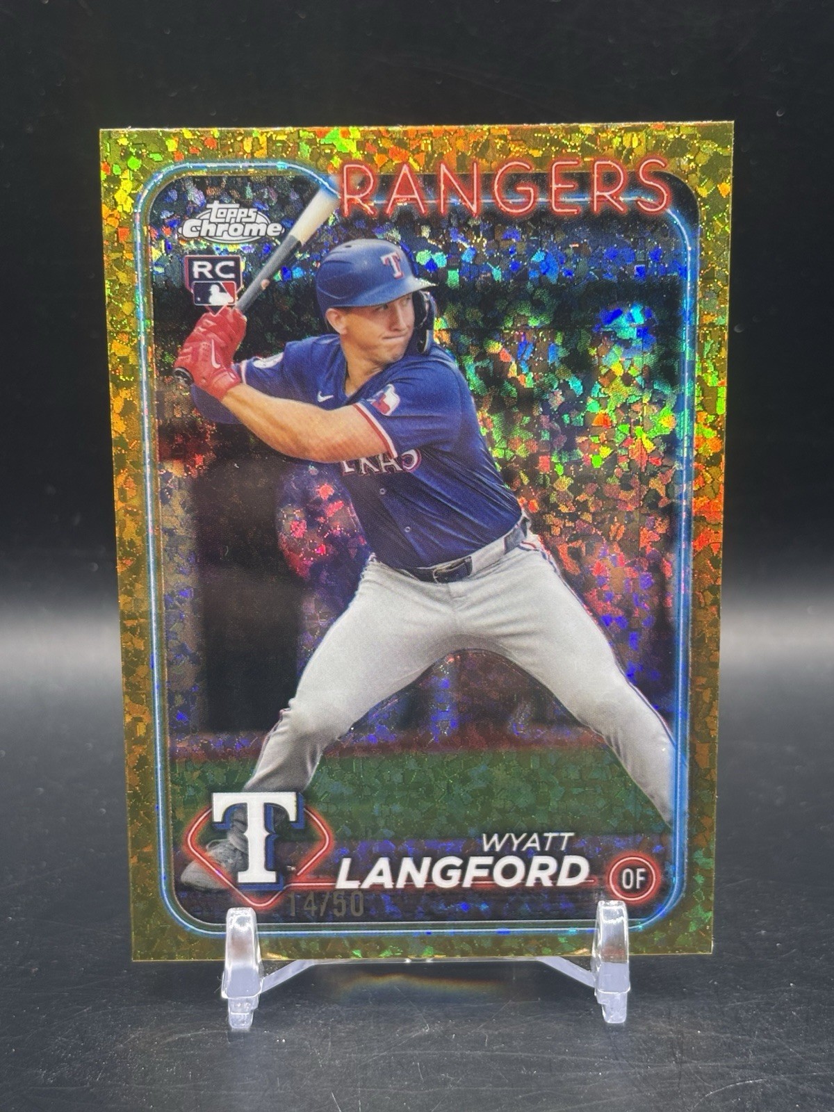 Wyatt Langford 2024 Topps Chrome Update Gold Mini Diamond /50 RC USC35 Rangers