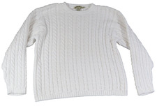 VTG Eddie Bauer White Cable Knit Sweater Womens M 100 Cotton Fisherman Crew