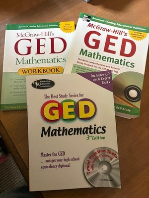 3 TEXTS McGraw-Hill's GED Mathematics w/CD, Math workbook, REA Math (cd missing)
