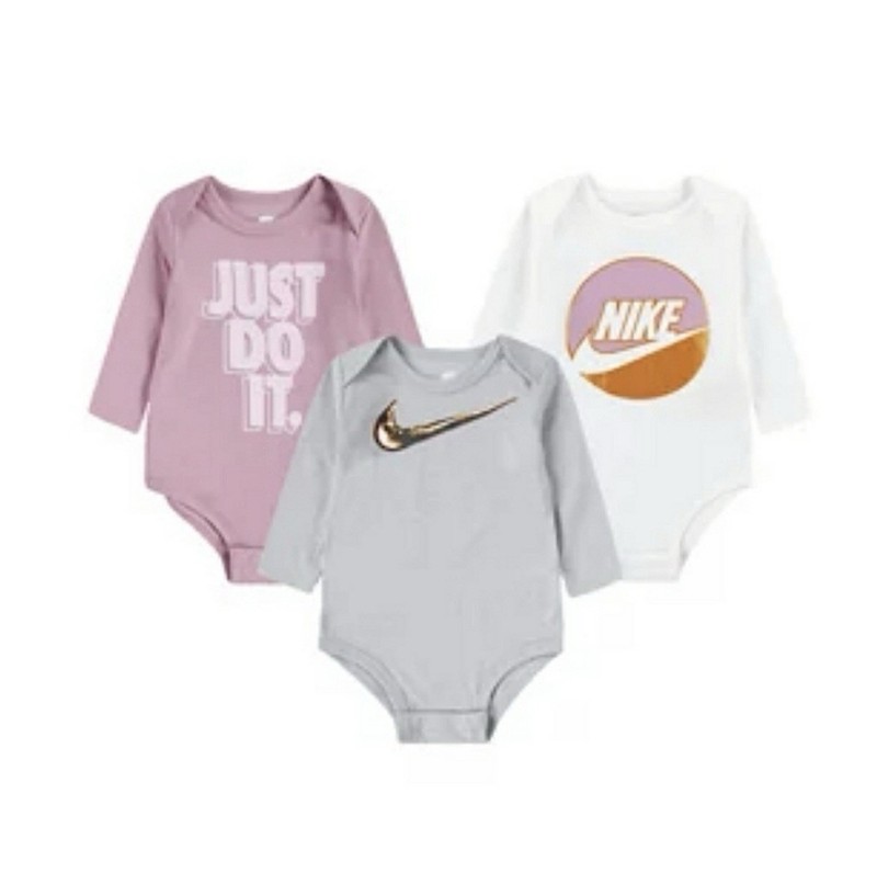 NWt Nike Baby 3 Piece Long Sleeve Bodysuit Set~Rose, Pink, White, Gray Newborn