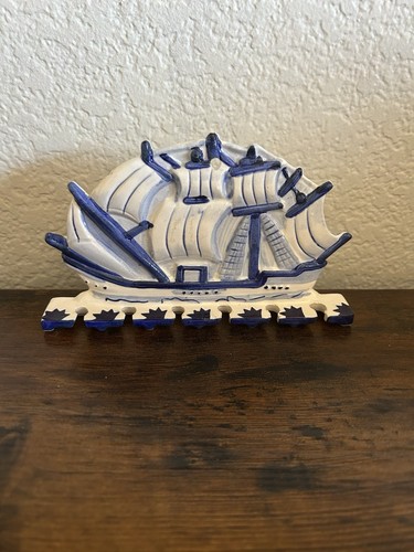 Vintage Delft Blue & White Spoon Holder Rack Display Spoons 6 Slots 6-1/2" - Picture 1 of 5