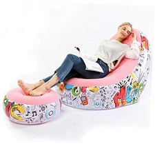 Lazy Inflatable Sofa Chair With Graffiti Pattern Flocking and Foot Cushion - 