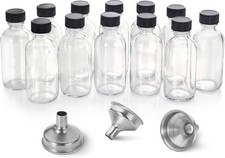 12 Pack, 2 oz Small Clear Glass Bottles w/Lid  3 Funnels - 60ml Boston
