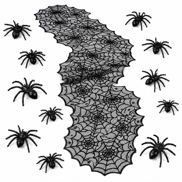 Halloween TischläUfer Spinnennetz Deko Set Gruselig Party 180X45Cm + 12 Spinnen-image