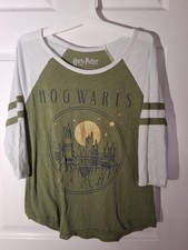 Harry Potter Womens Sleepwear Pajama Top Size M Olive Green & White Hogwarts 