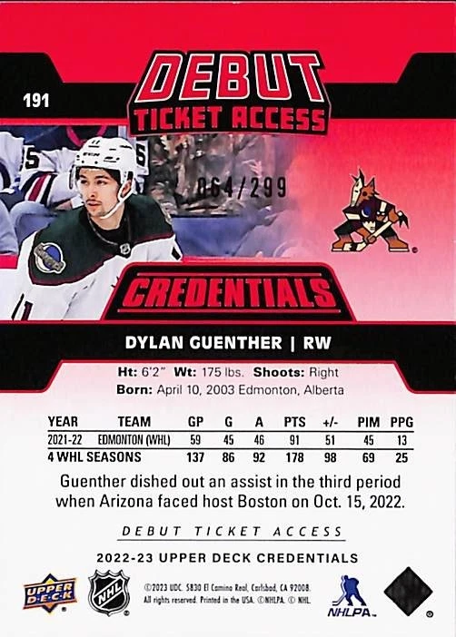 2022-23 Upper Deck Credentials Debut Ticket Access #191 Dylan Guenther /299 - Image 3 of 4