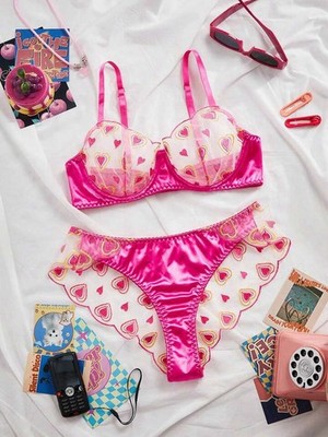Pink 2nd Skin Satin &   Embroidered Lace Bra & Panties Lingerie Set XL NEW