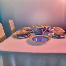 VTG Takito Lusterware Japan Tea Set Blue Peach Gold Trim