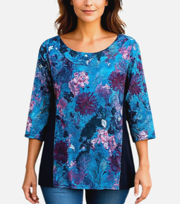 Laura Ashley Size L  Long Sleeve tunic Top Stretch Teal floral back zipper