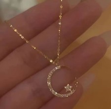 Gold Plated Fashion Shining Inlaid Crystal Moon Pendant Necklace Women Jewelry