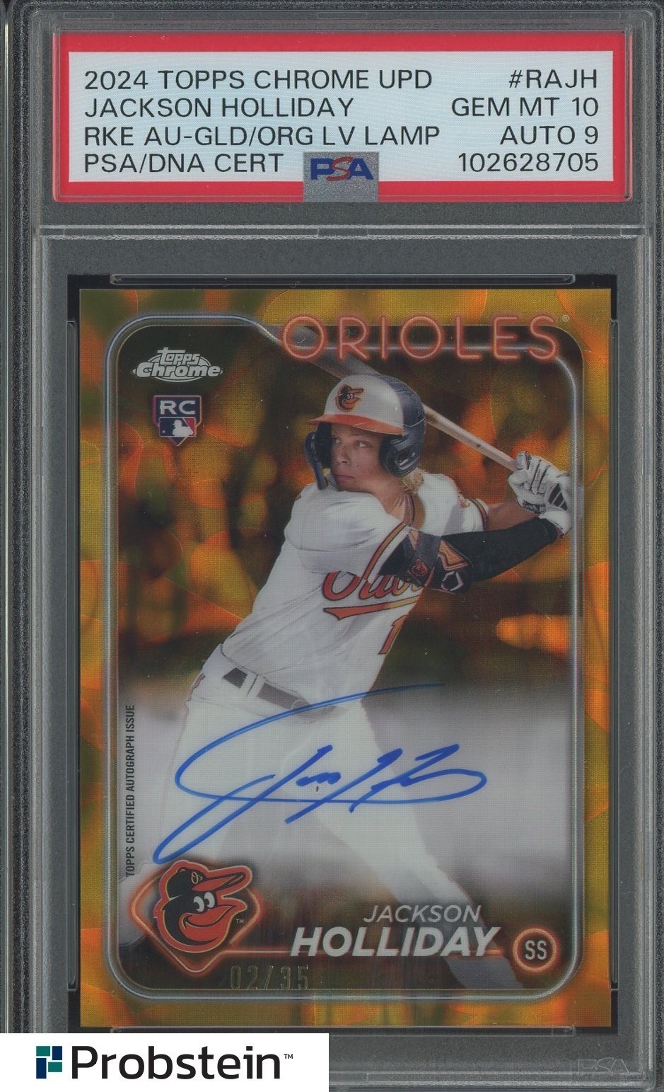 2024 Topps Chrome Gold Orange Lava Jackson Holliday RC /35 PSA 10 PSA/DNA AUTO 9