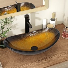 Waschbecken Aufsatzwaschbecken Waschschale Waschtisch Glas Oval Bad Schwarz Gelb