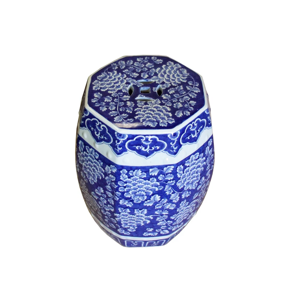 Chinese Blue & White Porcelain Floral Theme Octagon Stool Table cs4348 - Image 4 of 4