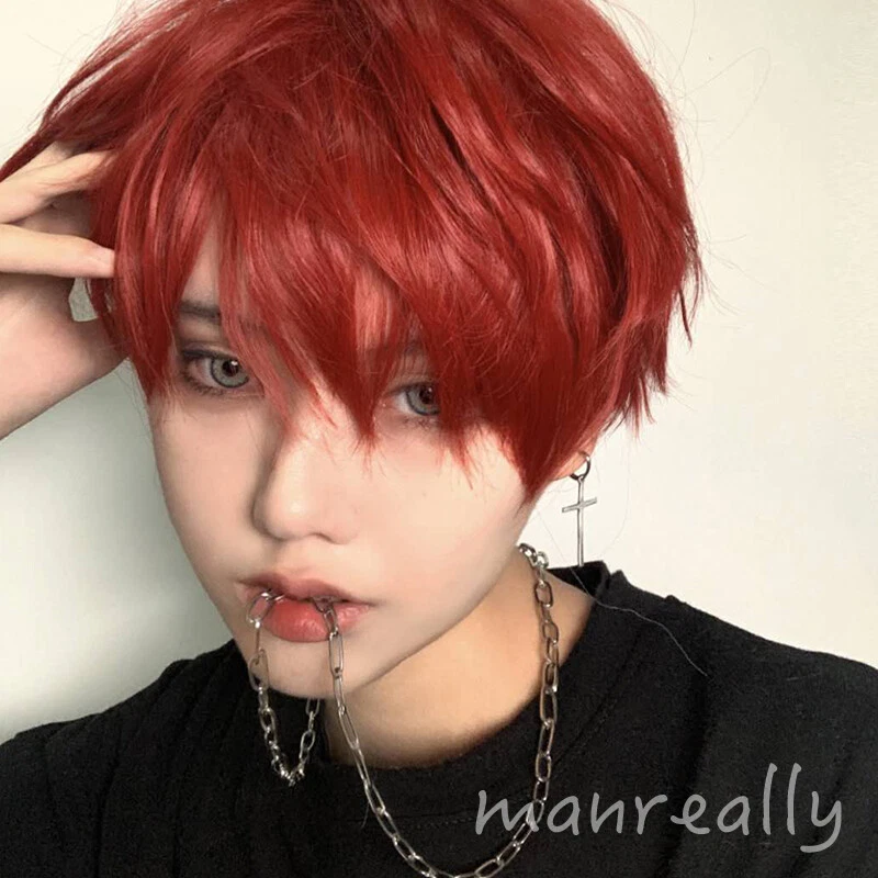 Daily Fluffy Men Short Hair Cosplay Kawaii Boys Full Wig Red