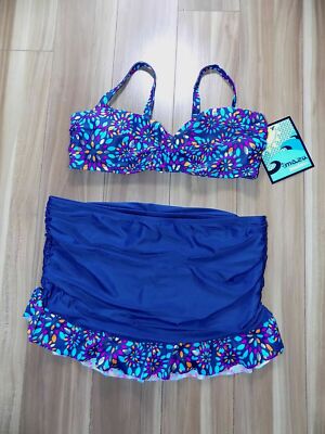 One Hanes Place 2PC Swimsuit Twist Front Top Ruched Skirt Navy Size 12 $60 NWT