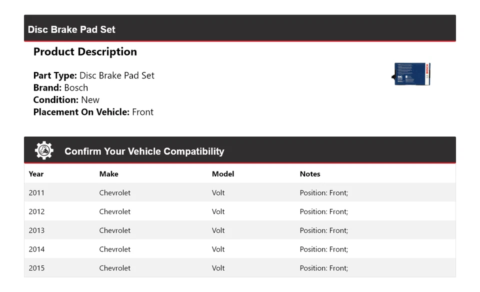 Pastillas de freno semimetálicas para Chevrolet Volt Bosch 2011-2015 con HD delanteras 2012 Foto 2 de 4