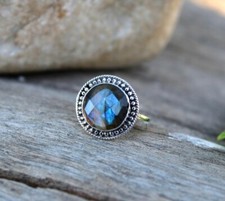 Faceted Fire Labradorite Round Gemstone Ring 925 Sterling Silver Statement Ring