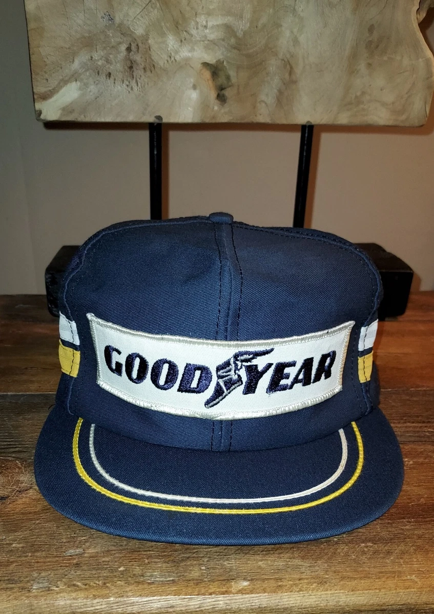 Vintage 80s Goodyear Big Patch 2 Stripe Cap Snapback Trucker Hat