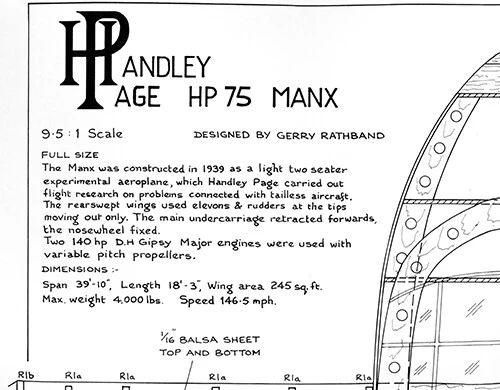 RCSA Model Airplane Plans (RC): Handley Page H.P. 75 MANX 50" 9.5" Scale E.P. - Image 3 of 4