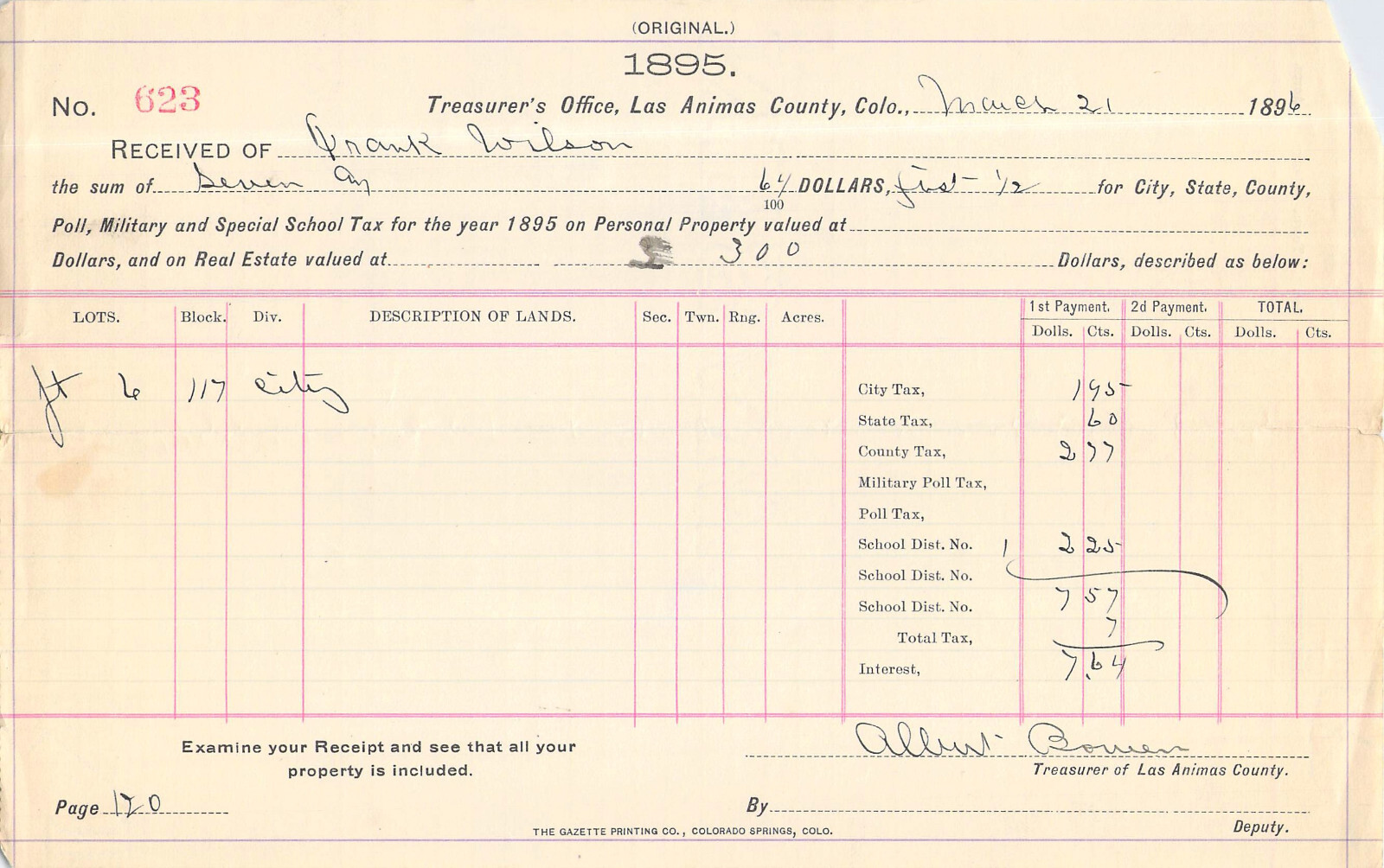 TRINIDAD COLORADO TREASURER TAX COLLECTOR LAS ANIMAS WILSON 1896 eBay