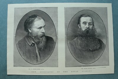 L1c) Holzstich Mr E Burne-Jones + Mr Henry Moore ARA 1885 Royal Academy 27x18cm