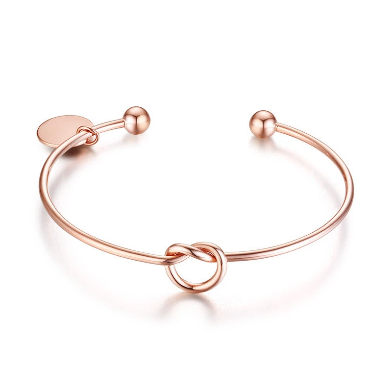 18K Rose Gold/Silver Knot Bangle 2mm Women Stainless Steel Opening Cuff  Bracelet | eBay