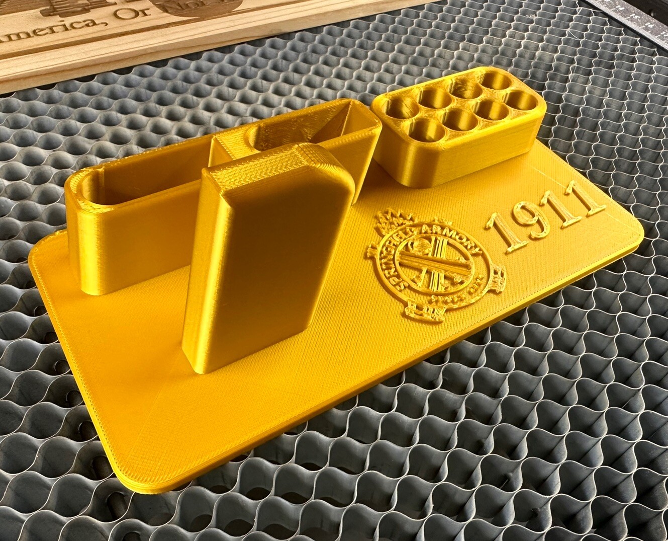 Springfield Armory 1911 45 CAL gun stand w Twin Mag holder. US MADE Gold-image