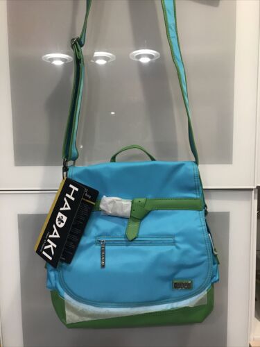 Hadaki "Kiko Saddle Bag”, Crossbody Purse, Aqua/ Lime, Striped Lining NWT