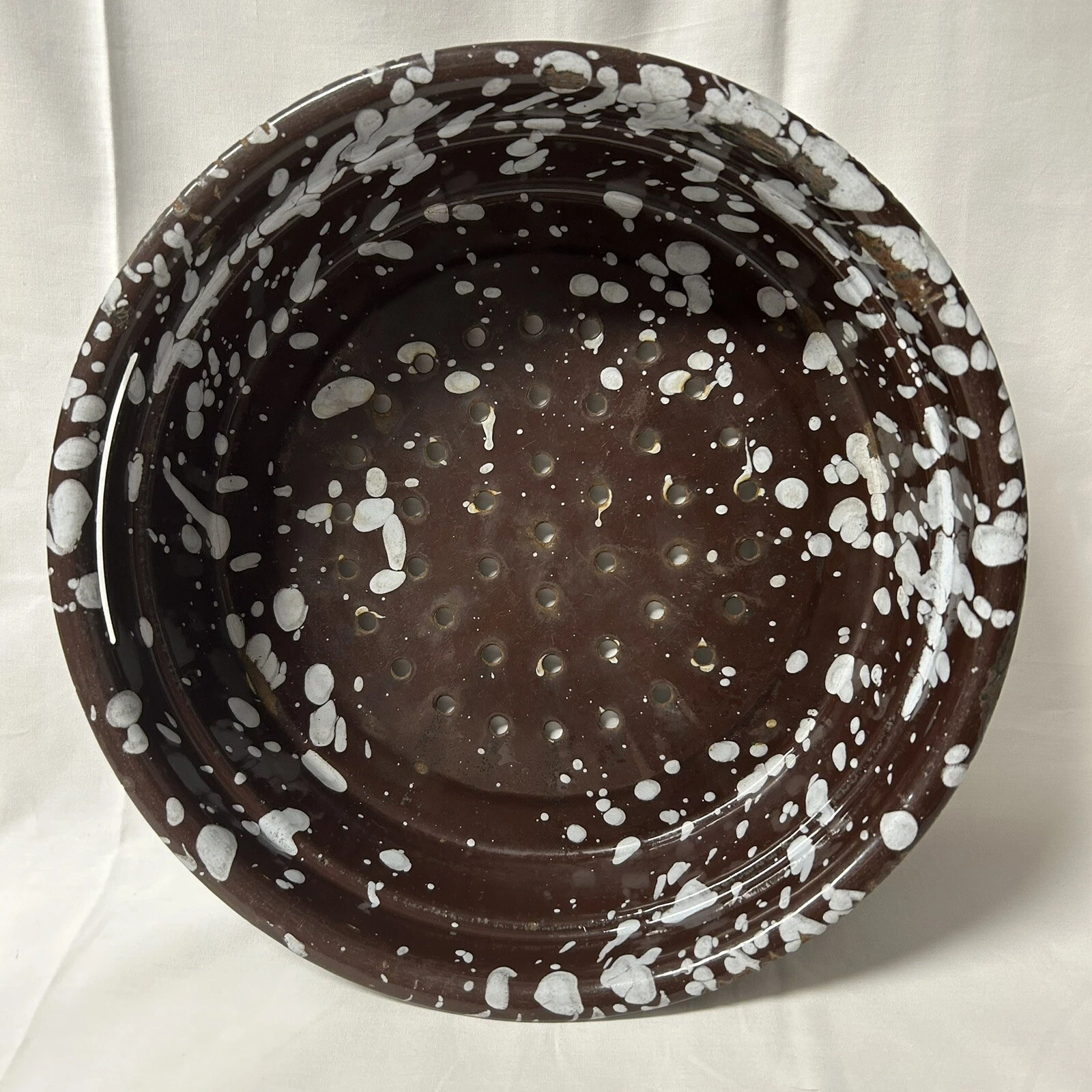 Vintage Round Brown White Enamelware Enamel Steamer Basket Strainer Insert